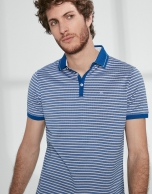 Blue and white striped pique polo