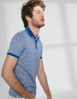 Blue and white striped pique polo