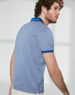 Blue and white striped pique polo