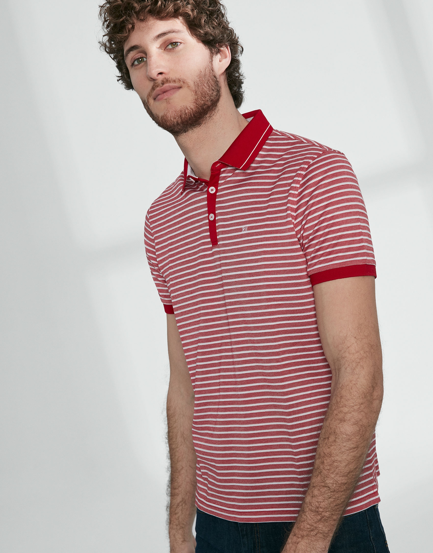 Red and white striped pique polo