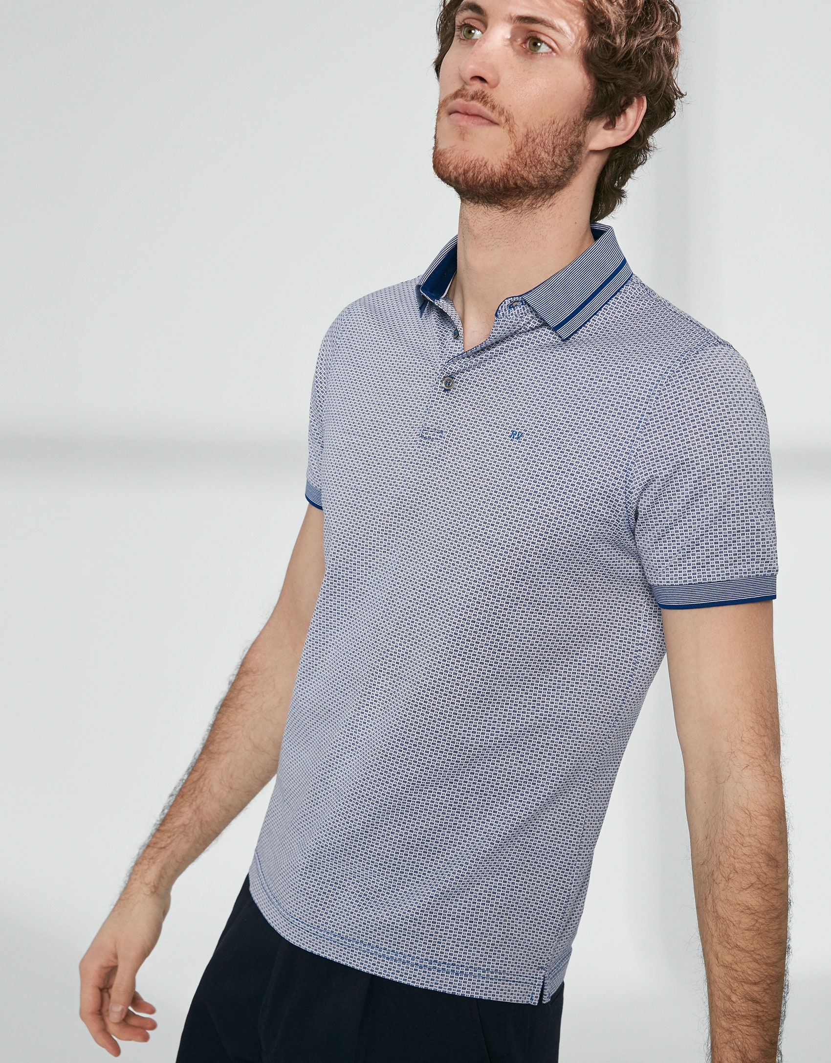 Blue and white mercerized cotton jacquard polo