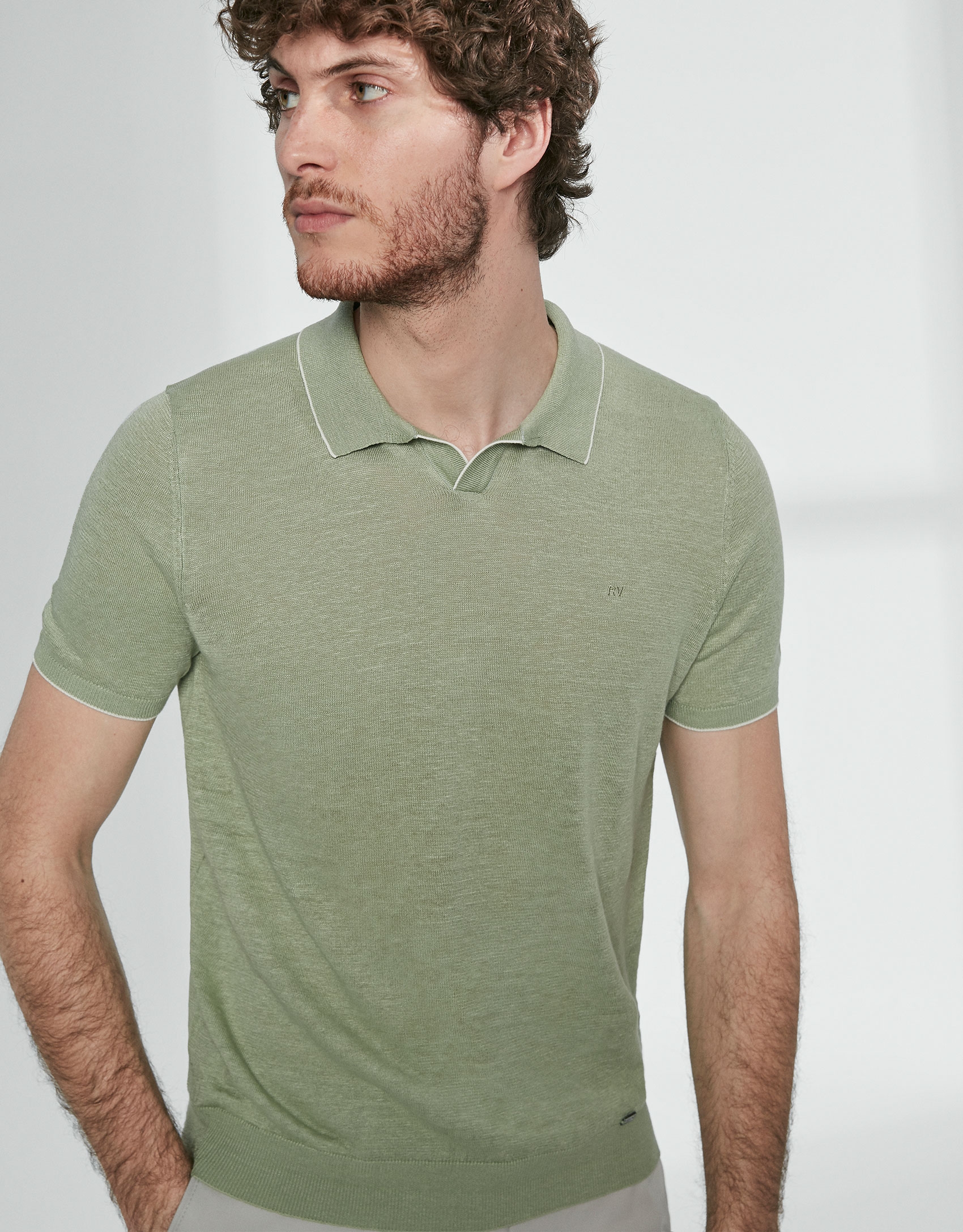 Light green melange linen tricot polo