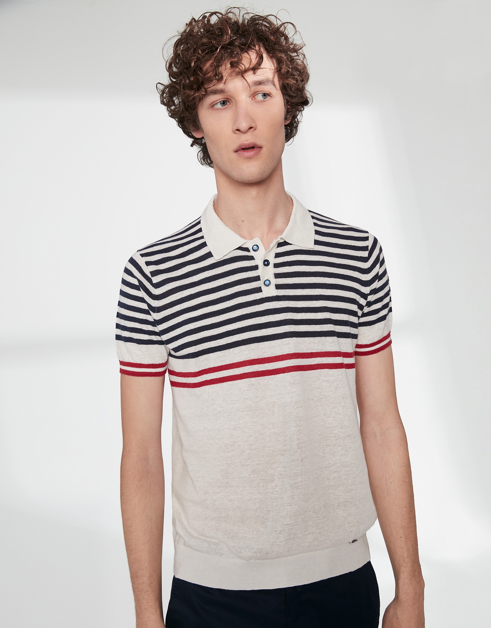 White and navy blue sailor striped tricot polo