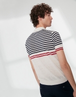 White and navy blue sailor striped tricot polo