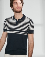 Navy blue and white sailor striped tricot polo