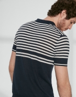 Navy blue and white sailor striped tricot polo