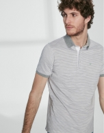 Gray and white striped cotton pique polo