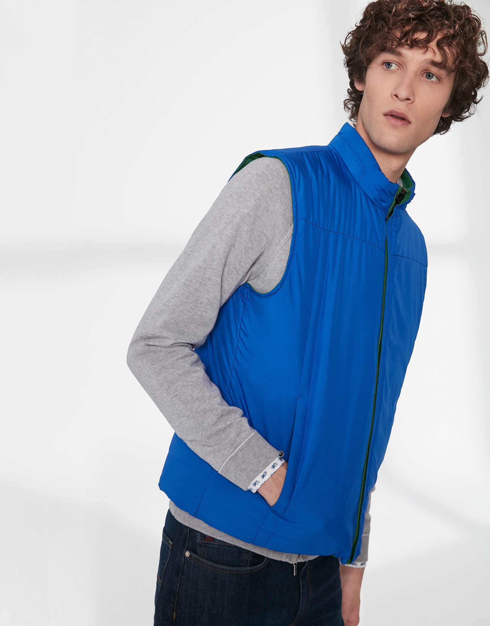 Blue and green tech fabric reversible vest