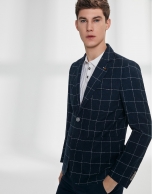 Navy blue checked mixed cotton jacket