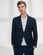 Navy blue checked mixed cotton jacket