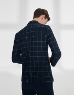 Navy blue checked mixed cotton jacket