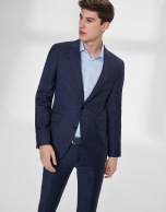 Navy blue checked wool, slim fit suit