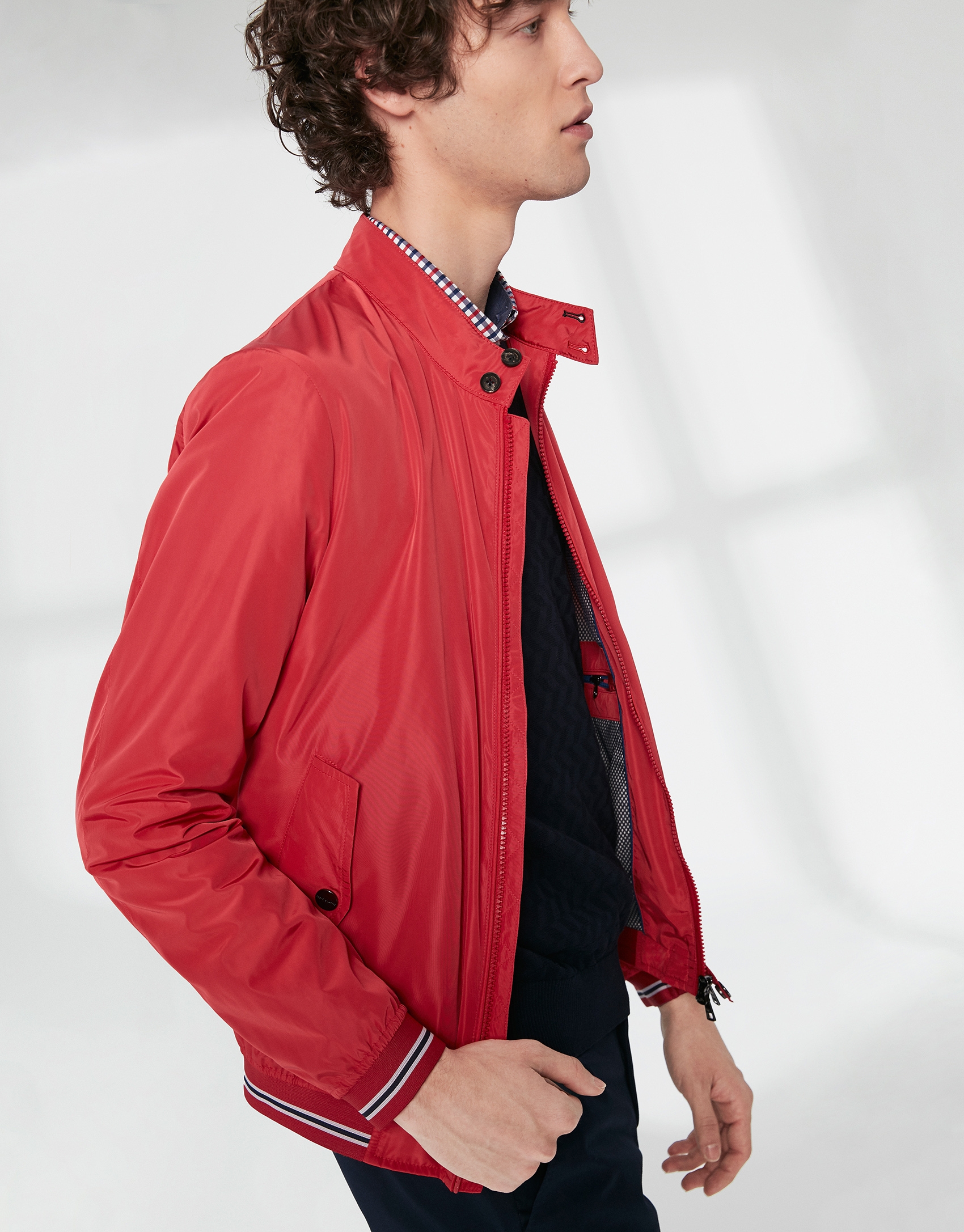 Red tech fabric bomber windbreaker