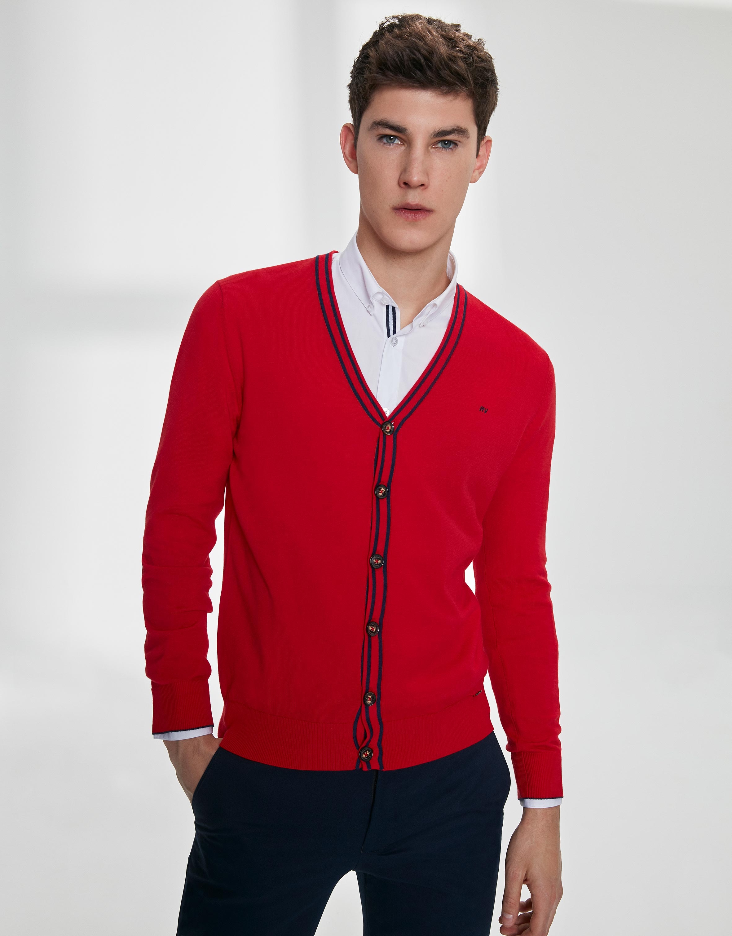 Red cotton cardigan with navy blue trim