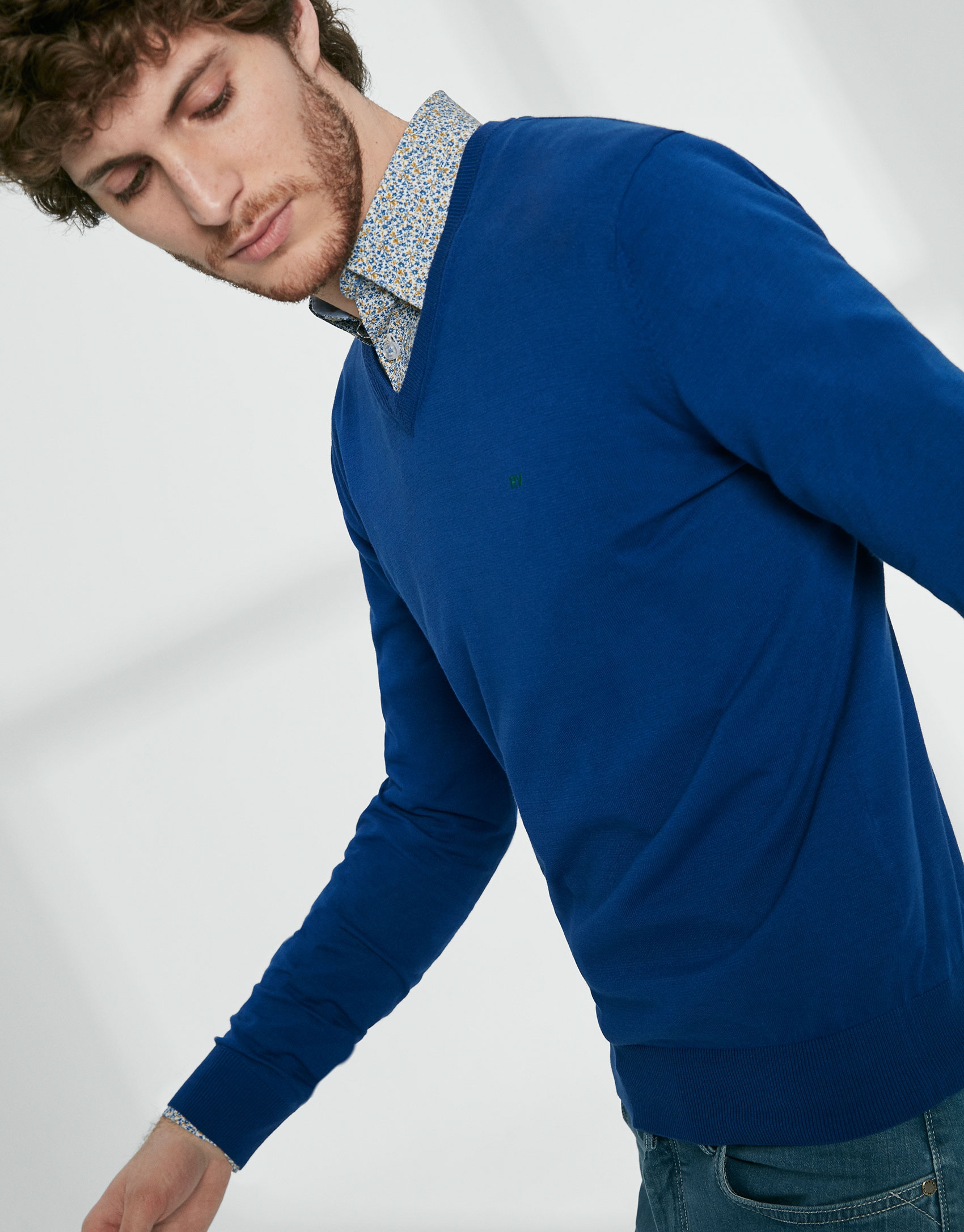 Deep blue cotton, V-neck sweater