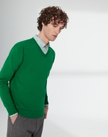 Green cotton, V-neck sweater