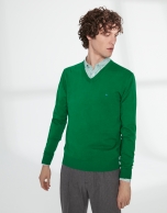 Green cotton, V-neck sweater