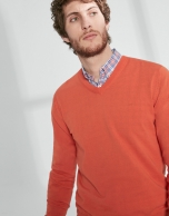 Orange cotton, V-neck sweater