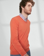 Orange cotton, V-neck sweater