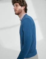 Blue cotton herringbone structured sweater