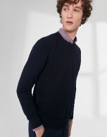 Navy blue cotton herringbone structured sweater