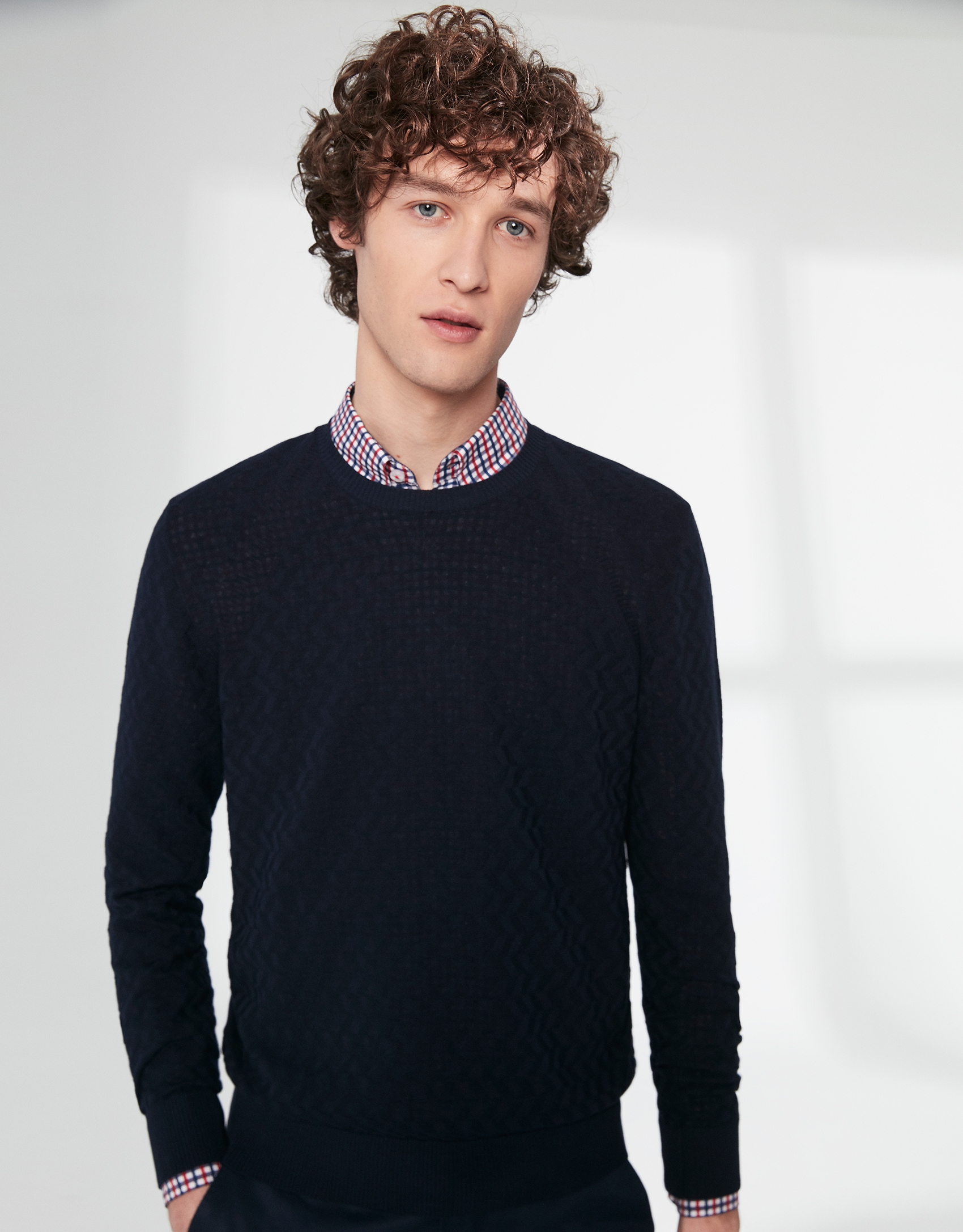 Navy blue cotton herringbone structured sweater