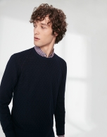 Navy blue cotton herringbone structured sweater