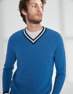 Blue V neck, cable stitch sweater