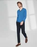 Blue V neck, cable stitch sweater