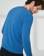 Blue V neck, cable stitch sweater