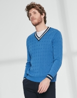 Blue V neck, cable stitch sweater