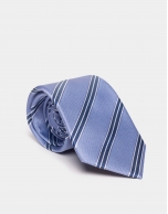 Light blue silk tie with navy blue and beige lines