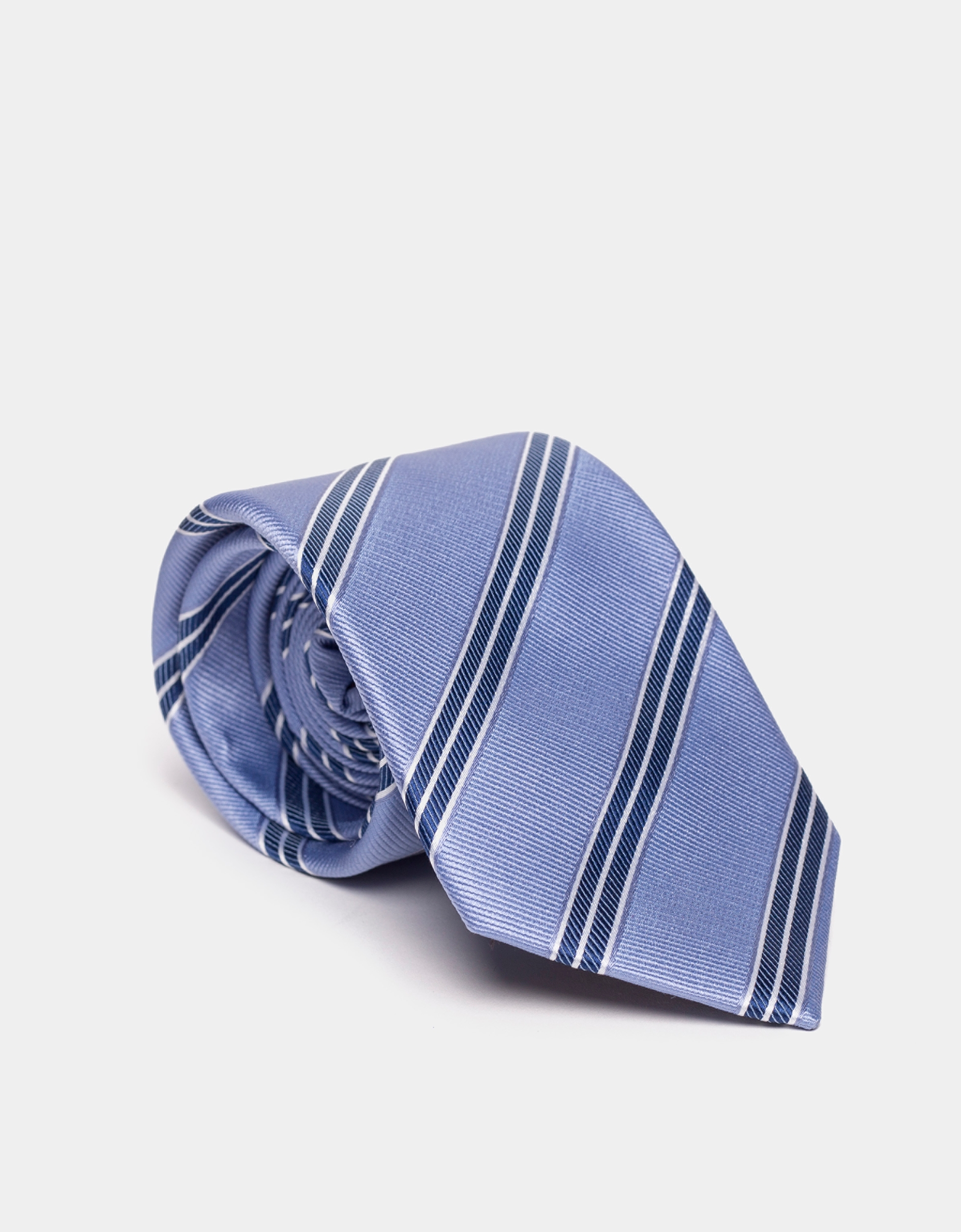 Light blue silk tie with navy blue and beige lines