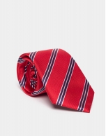 Red silk tie with blue and beige lines