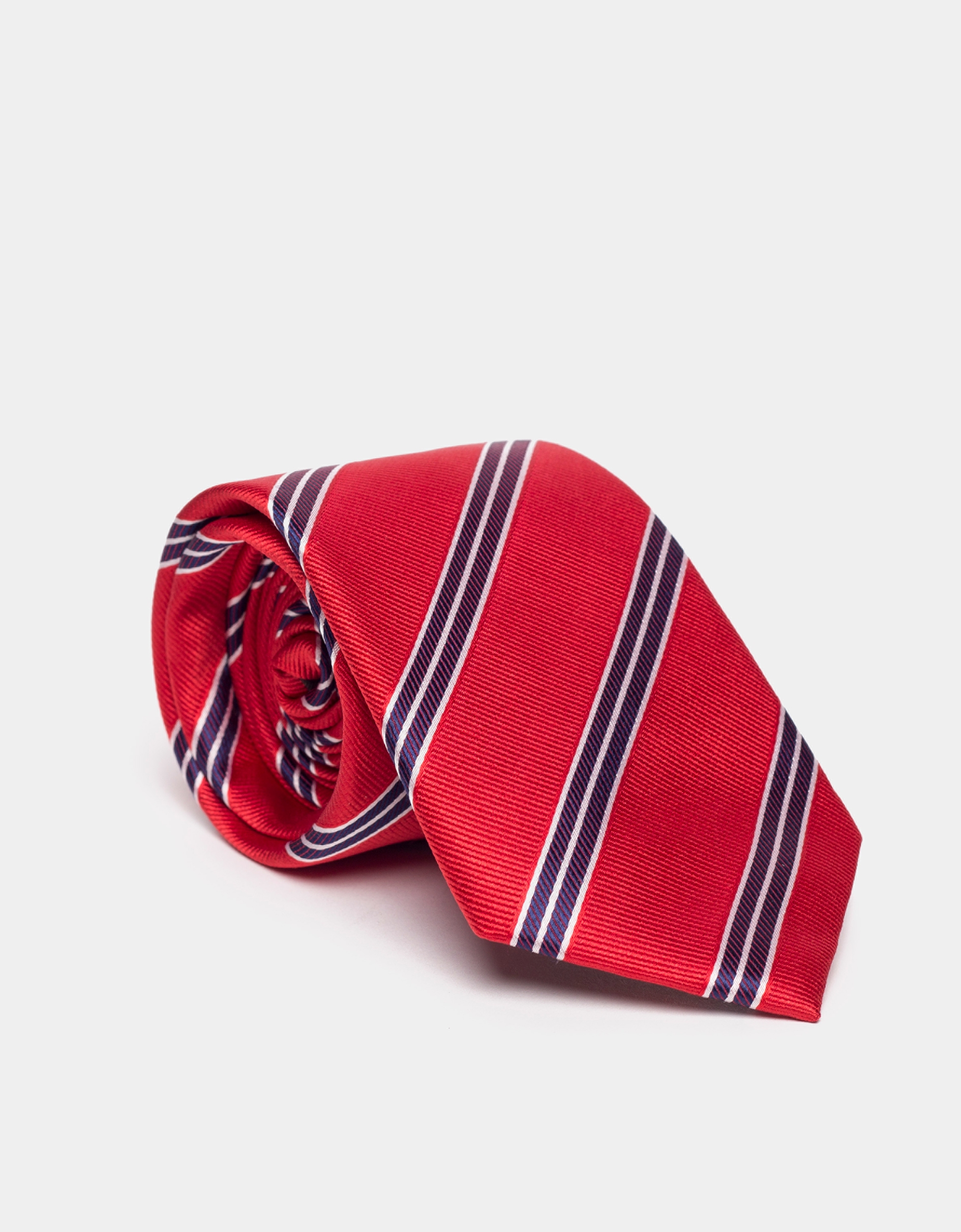 Red silk tie with blue and beige lines