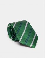 Green silk tie with blue and beige lines