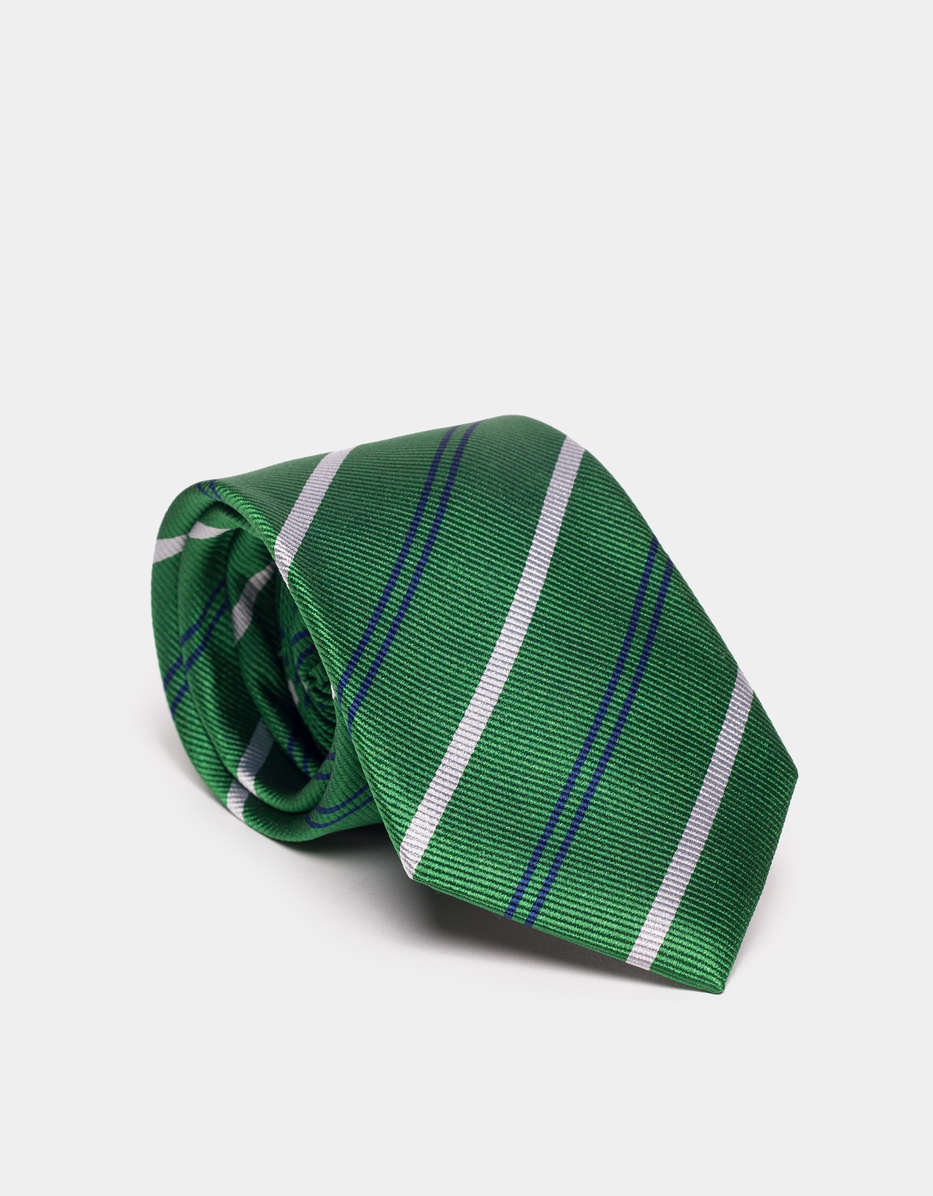 Green silk tie with blue and beige lines