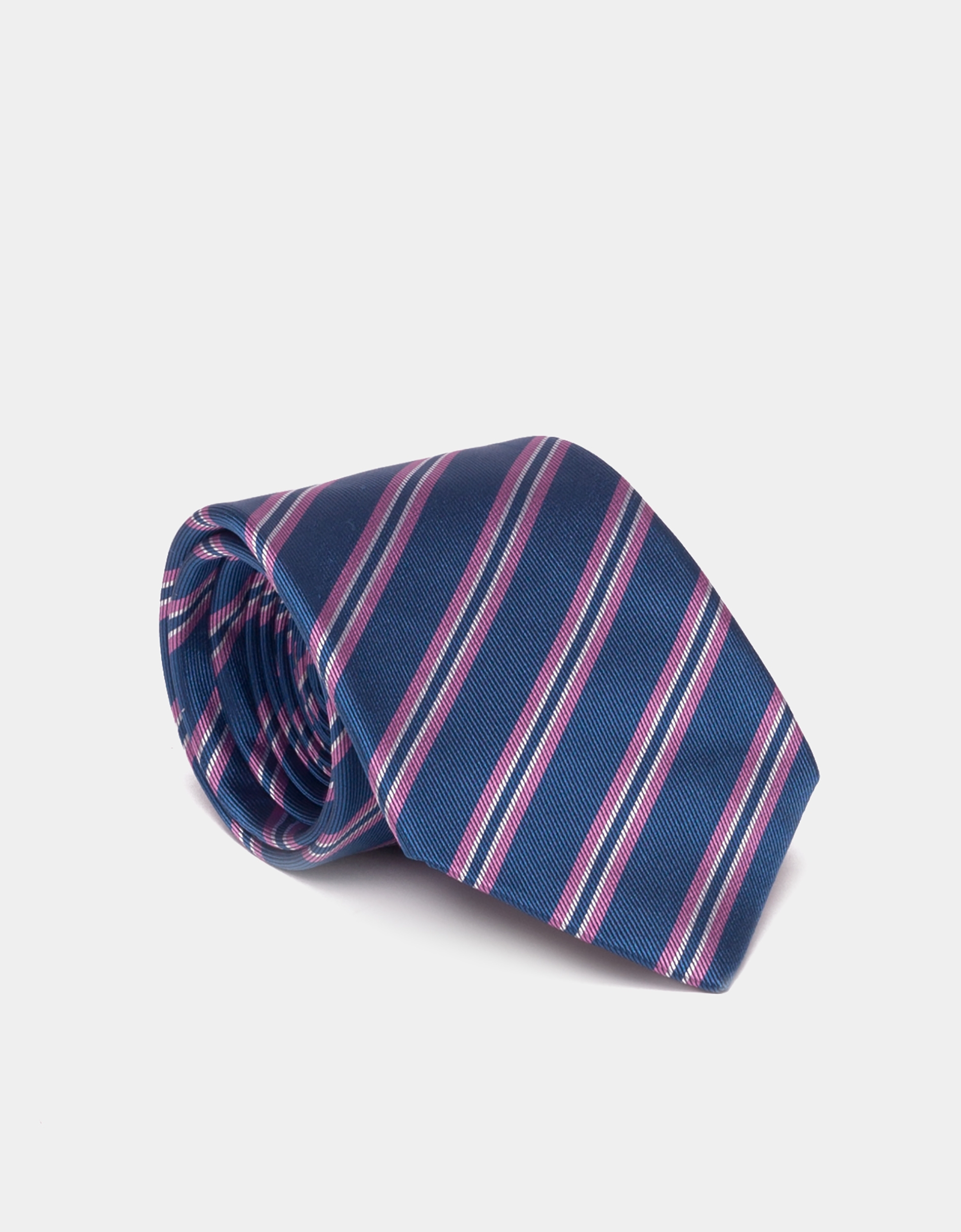 Blue silk tie with pink and beige lines 