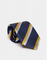 Blue marine silk tie with yellow and beige lines