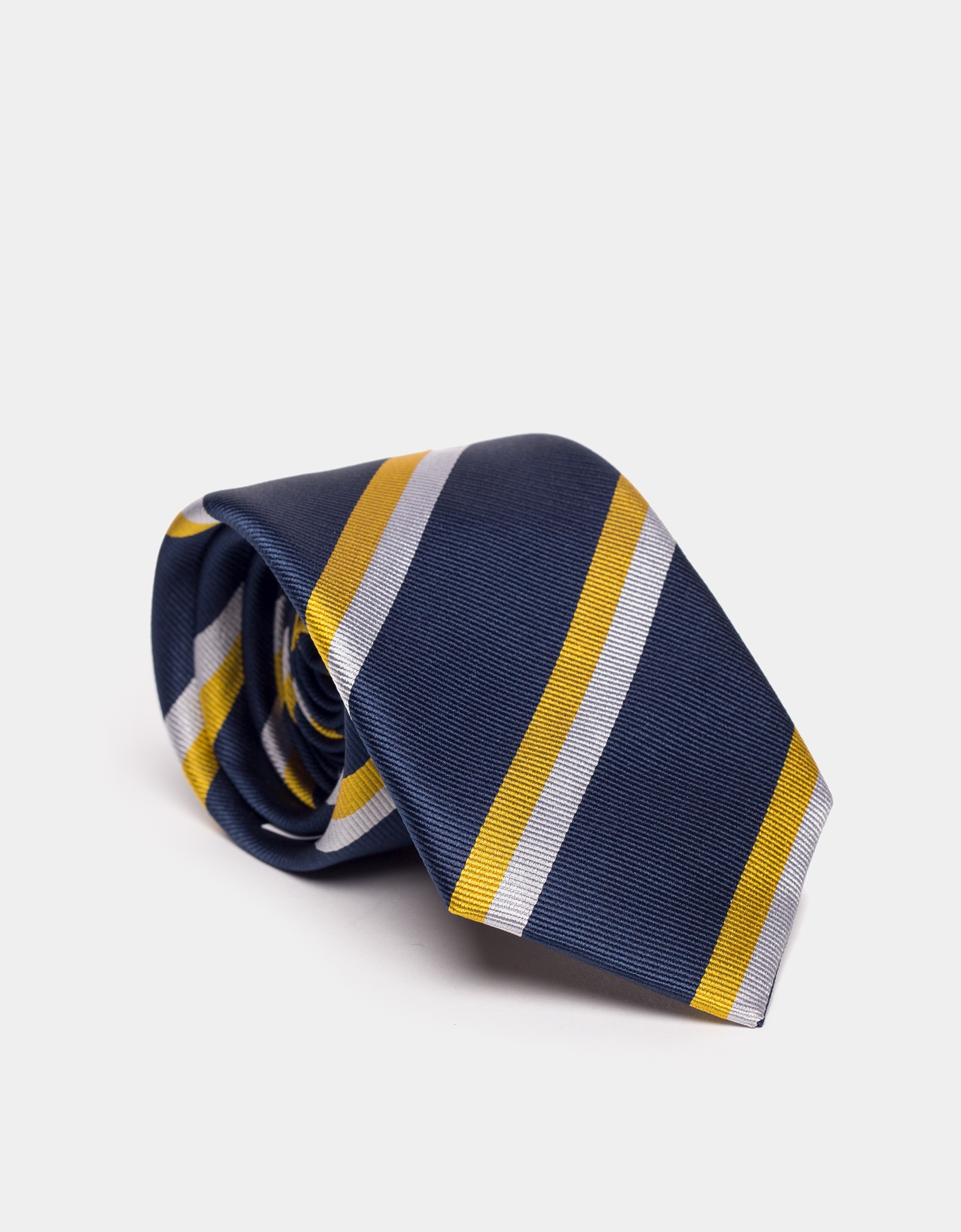 Blue marine silk tie with yellow and beige lines