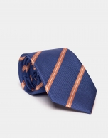 Blue silk tie with orange and beige lines