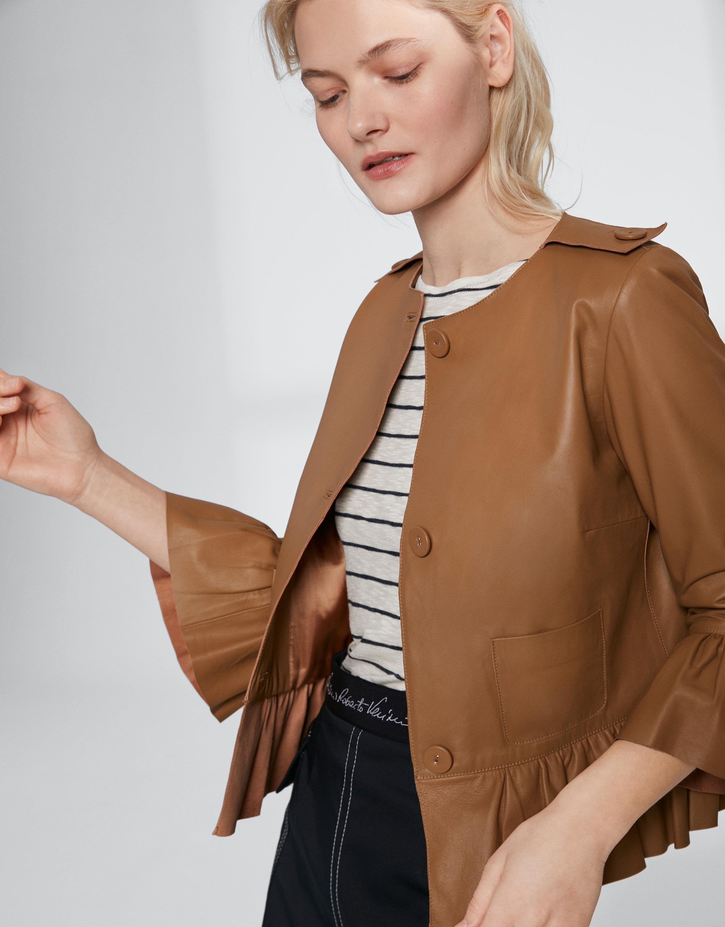 Short mink-colored leather jacket