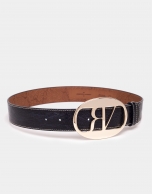 Blue python embossed leather belt