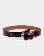 Black leather belt with jewel buckle