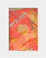 Coral linen scarf with beach print