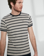 Grey top with navy blue stripes