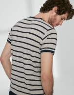 Grey top with navy blue stripes