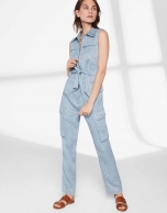 Blue linen cargo jumpsuit