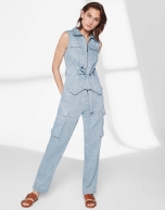 Blue linen cargo jumpsuit