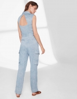 Blue linen cargo jumpsuit